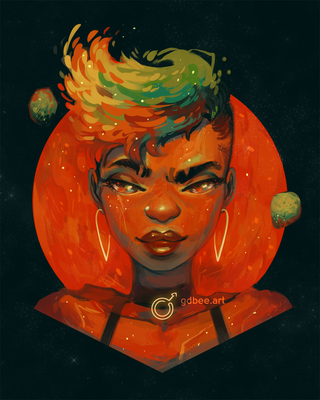 1girl, astronomical_symbol, astronomy, black_background, colored_skin, dark-skinned_female, dark_skin, earrings, eyebrow_cut, floating, floating_object, freckles, geneva_bowers, gold_earrings, green_hair, half-closed_eyes, halterneck, highres, hoop_earrings, jewelry, mars_(planet), mars_symbol, multicolored_hair, original, portrait, red_eyes, red_skin, red_theme, redhead, rock, short_hair, smile, solo, space, star_(sky), undercut, very_dark_skin, very_short_hair