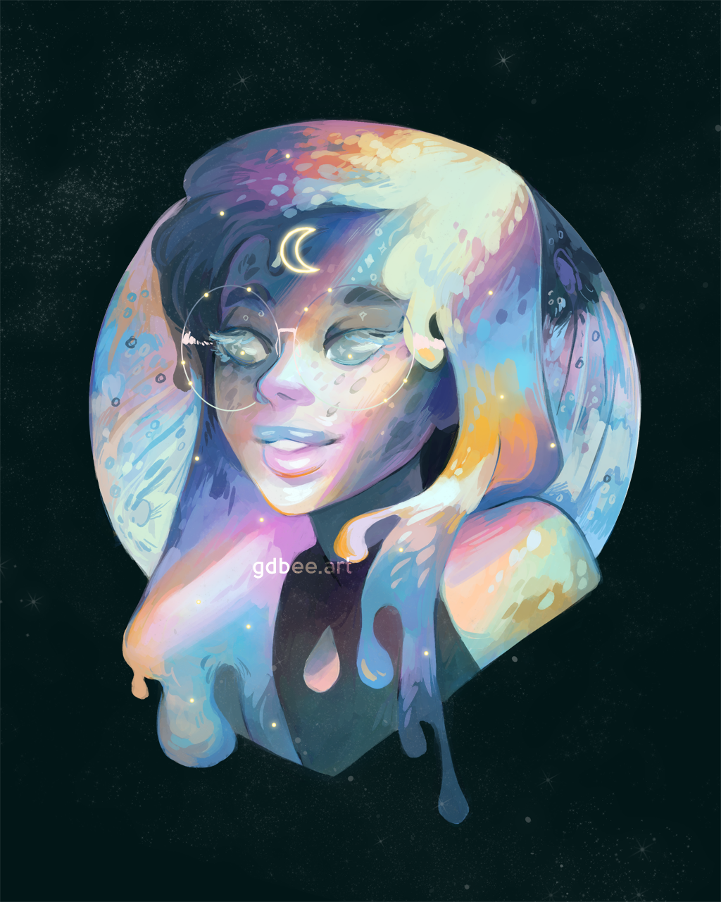 1girl, astronomical_symbol, astronomy, black_background, black_shirt, blue_hair, blue_lips, clothing_cutout, colored_eyelashes, colored_skin, crescent, freckles, full_moon, geneva_bowers, glasses, grey-framed_eyewear, grey_eyes, high_collar, highres, iridescent, light_particles, liquid_hair, moon, moon_(symbol), multicolored_hair, multicolored_skin, no_pupils, original, portrait, purple_hair, purple_lips, round_eyewear, shirt, sleeveless, sleeveless_shirt, smile, solo, space, star_(sky), white_hair