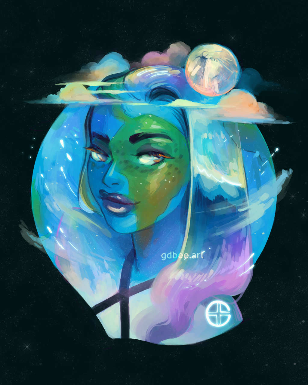 1girl, astronomical_symbol, astronomy, black_background, blue_clouds, blue_eyes, blue_hair, blue_lips
