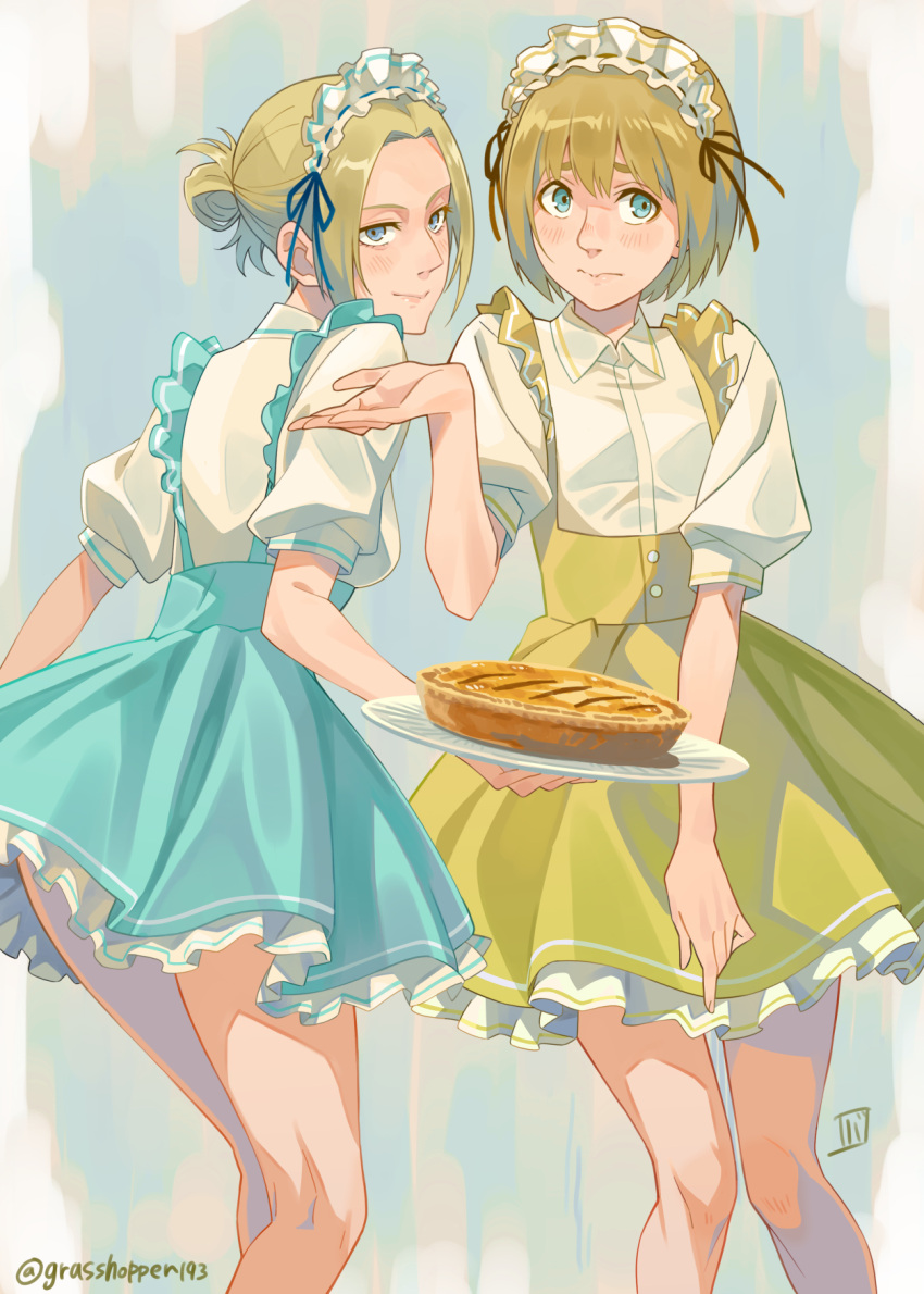 annie_leonhart, arm_up, armin_arlert, artist_name, blonde_hair, blue_eyes, blue_skirt, blush, closed_mouth, crossdressing, feet_out_of_frame, food, frilled_skirt, frills, grasshopper193, highres, holding, holding_plate, kneepits, knees_together_feet_apart, looking_at_viewer, looking_back, maid, maid_headdress, pie, plate, puffy_short_sleeves, puffy_sleeves, shingeki_no_kyojin, short_hair, short_sleeves, skirt, standing, suspender_skirt, suspenders, turning_head, twitter_username, updo, yellow_skirt