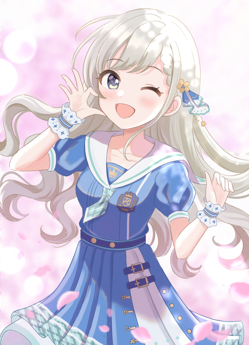 1girl, ;p, absurdres, blue_dress, blue_eyes, braid, braided_bangs, dress