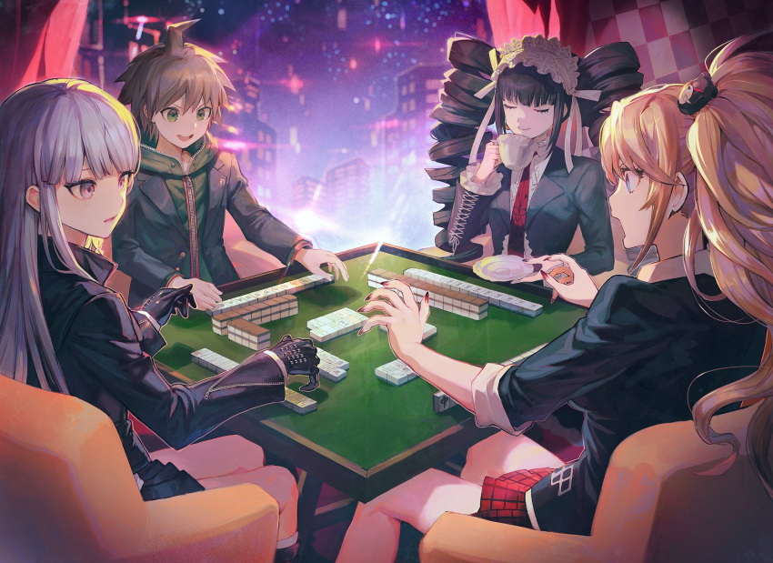 1boy, 3girls, aoki_(fumomo), black_gloves, black_hair, black_jacket, black_shirt, blonde_hair