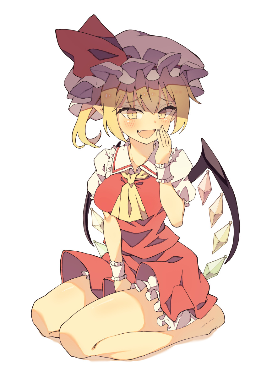 1girl, absurdres, ascot, bare_legs, barefoot, blonde_hair, breasts, collar, crystal_wings, dress, flandre_scarlet, frilled_collar, frilled_dress, frills, hat, highres, large_breasts, legs, mob_cap, naughty_face, open_mouth, pointy_ears, puffy_short_sleeves, puffy_sleeves, raised_eyebrows, red_dress, red_ribbon, ribbon, seika_okawari, shirt, short_sleeves, side_ponytail, sitting, thighs, touhou, white_mob_cap, white_shirt, wings, yellow_ascot, yellow_eyes