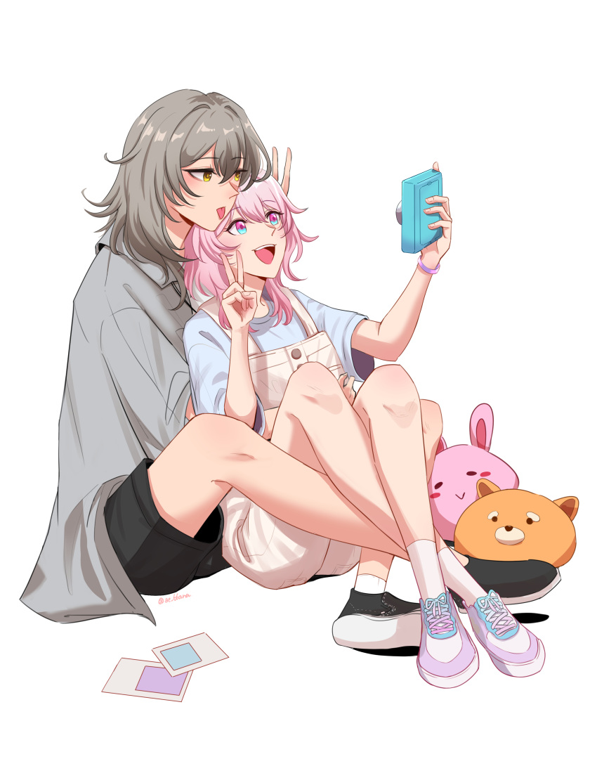 2girls, absurdres, ae_ttana, alternate_costume, artist_name, blue_shirt, clothing_request, english_commentary