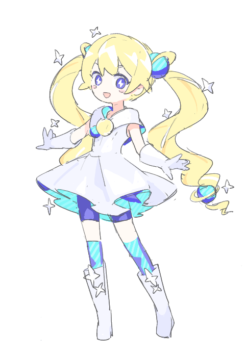1girl, akuukan_koneru, blonde_hair, blue_eyes, blue_shorts, blush_stickers, boots, coneru_-dimension_girl-