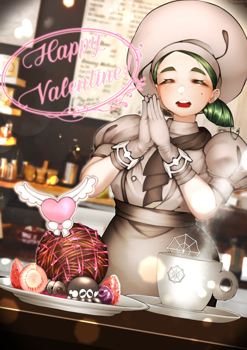 1girl, apron, ascot, bakery, blush, brown_apron, brown_ascot, brown_skirt