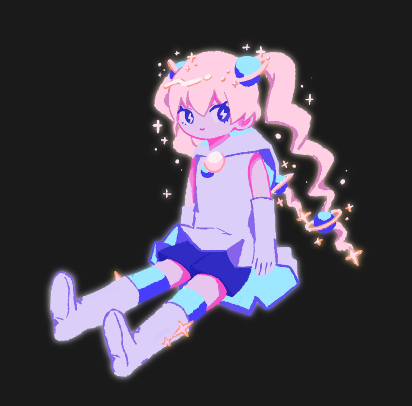 1girl, akuukan_koneru, black_background, blonde_hair, blue_eyes, blue_shorts, boots, closed_mouth