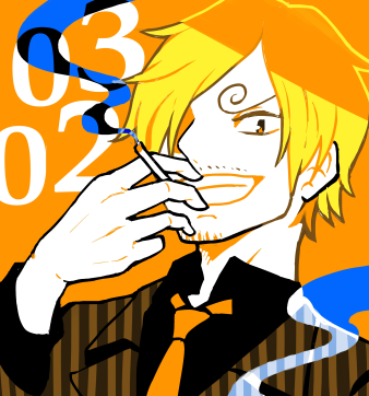 1boy, black_shirt, blonde_hair, cigarette, commentary_request, curly_eyebrows, dated, facial_hair