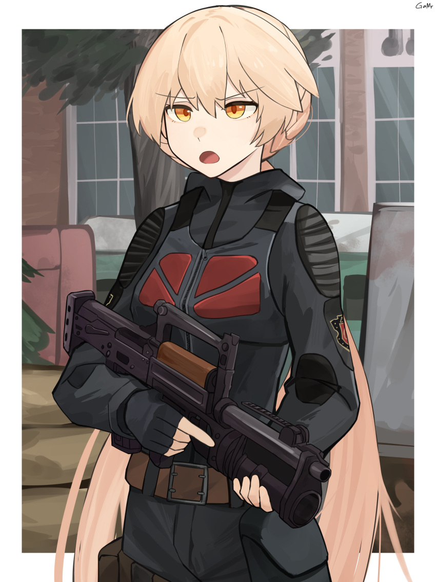 1girl, absurdres, assault_rifle, belt, black_gloves, black_jacket, black_pants, blonde_hair