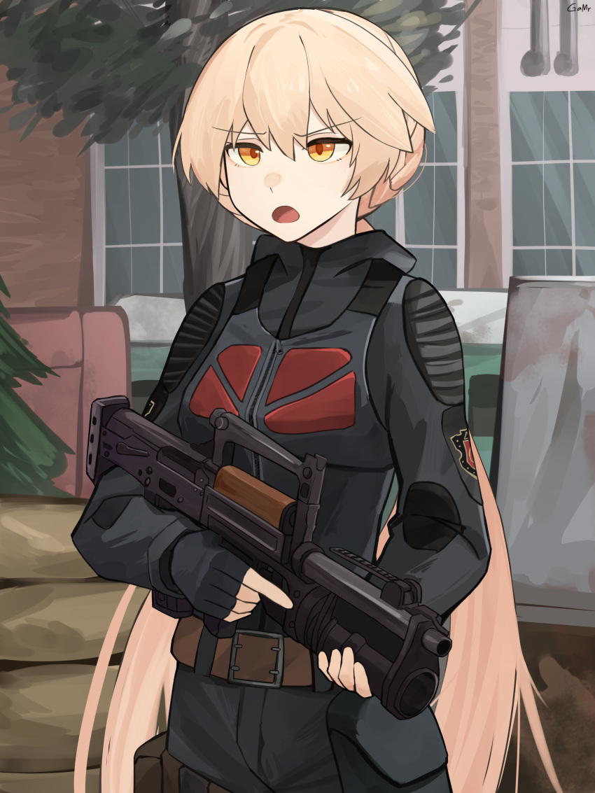 1girl, absurdres, assault_rifle, belt, black_gloves, black_jacket, black_pants, blonde_hair, bulletproof_vest, bullpup, cover, fingerless_gloves, gamryous, girls_frontline, gloves, gun, highres, holding, holding_gun, holding_weapon, jacket, long_hair, long_sleeves, low-tied_long_hair, open_clothes, ots-14_(girls'_frontline), ots-14_groza, outdoors, pants, rifle, scowl, solo, stalker_(game), tree, variant_set, very_long_hair, weapon, window, yellow_eyes