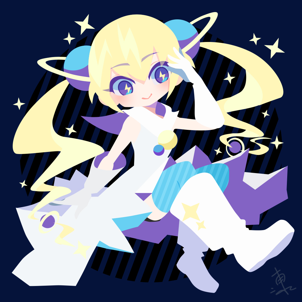 1girl, akuukan_koneru, azuma_shima, blonde_hair, blue_background, blue_thighhighs, boots, commentary_request, coneru_-dimension_girl-, dress, full_body, gloves, hand_up, knee_boots, lightning_bolt-shaped_pupils, long_hair, sitting, smile, solo, sparkle, symbol-shaped_pupils, thigh-highs, twintails, white_dress, white_footwear, white_gloves