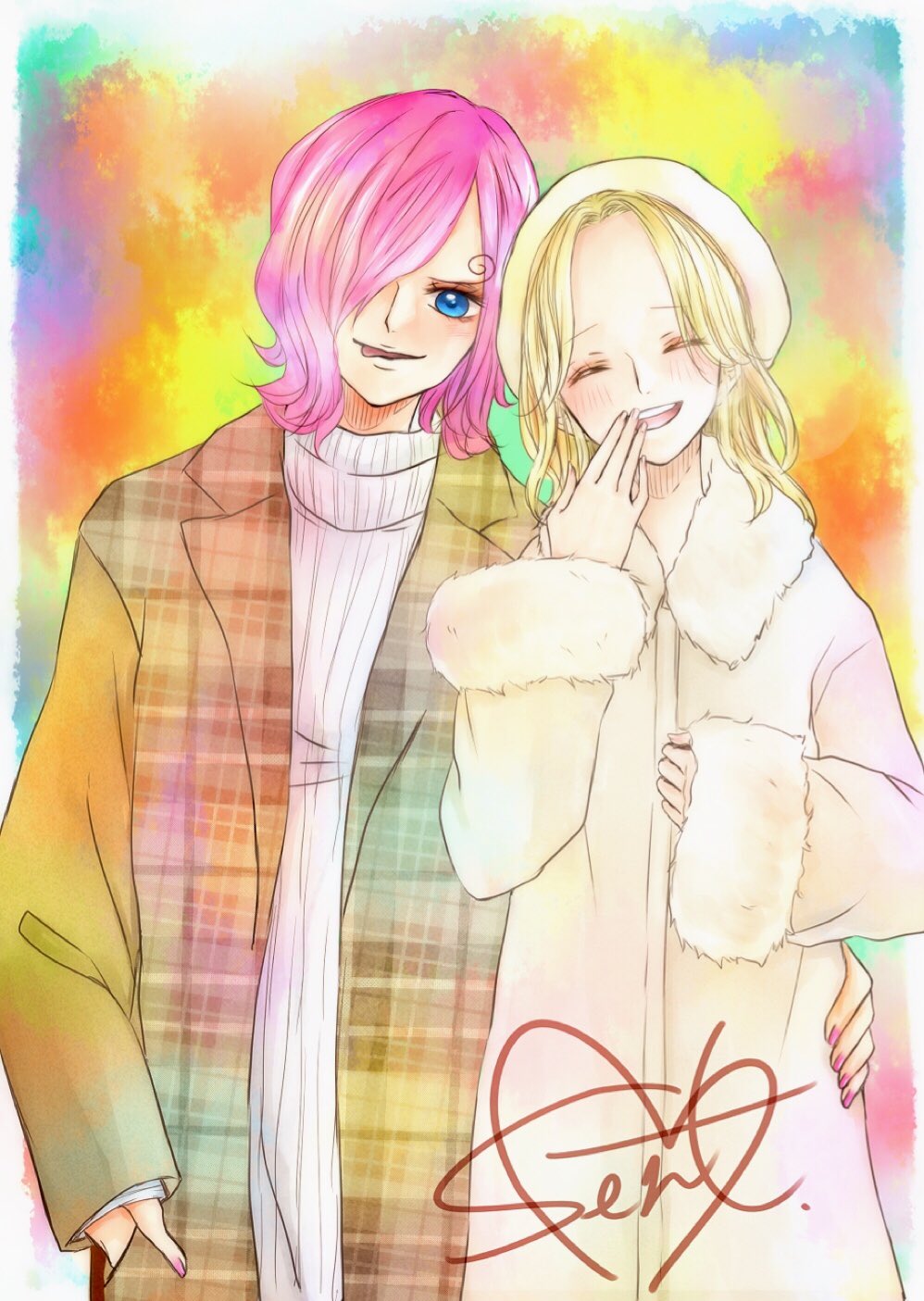 2girls, blonde_hair, blue_eyes, blush, closed_eyes, coat, commentary_request, cowboy_shot