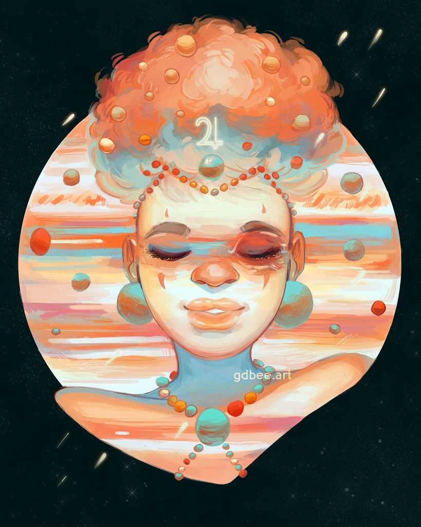 1girl, afro, astronomical_symbol, astronomy, bead_necklace, beads, black_background, blue_hair