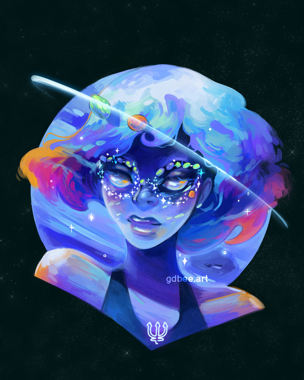 1girl, astronomical_symbol, astronomy, black_background, blue_eyes, blue_hair, blue_shirt, blue_skin