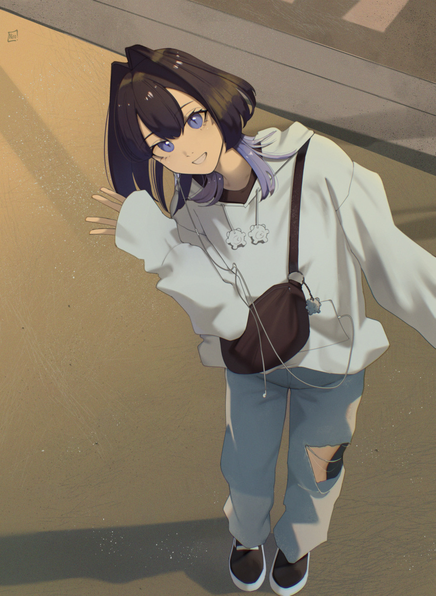 1girl, absurdres, alternate_costume, bag, black_footwear, black_hair, blue_eyes, blue_hair, charm_(object), denim, hair_between_eyes, hair_intakes, handbag, headphones_on_one_ear, highres, hololive, hololive_english, hood, hoodie, jeans, kronie_(ouro_kronii), looking_at_viewer, multicolored_hair, no_sclera, o22no, official_alternate_hairstyle, ouro_kronii, pants, perspective, slit_pupils, torn_clothes, torn_jeans, torn_pants, virtual_youtuber, waving, white_hoodie