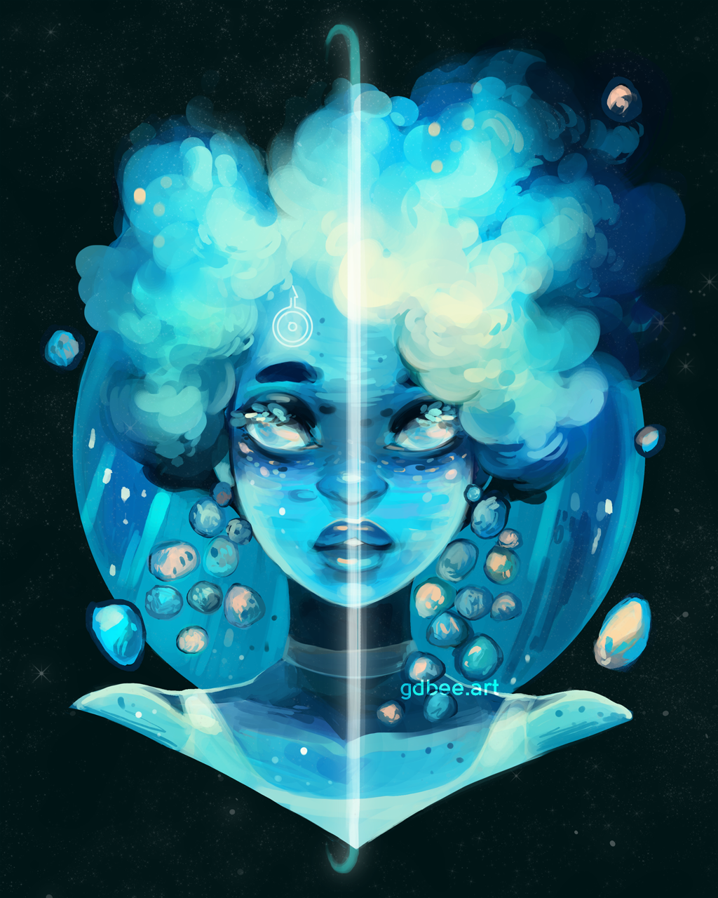 1girl, afro, astronomical_symbol, astronomy, black_background, blue_eyes, blue_hair, blue_lips