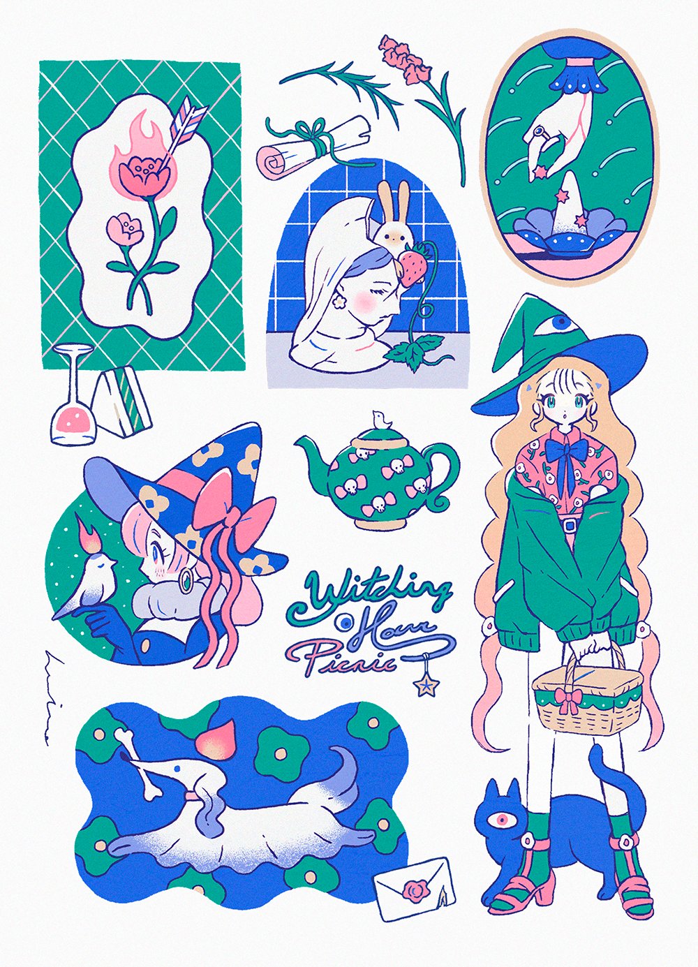 3girls, animal, blonde_hair, blue_eyes, blue_hair, flower, green_jacket, green_socks, hasuimo, hat, highres, jacket, long_hair, multiple_girls, original, picnic_basket, pink_hair, pink_shirt, ribbon, shirt, socks, standing, star_(symbol), teapot, witch_hat