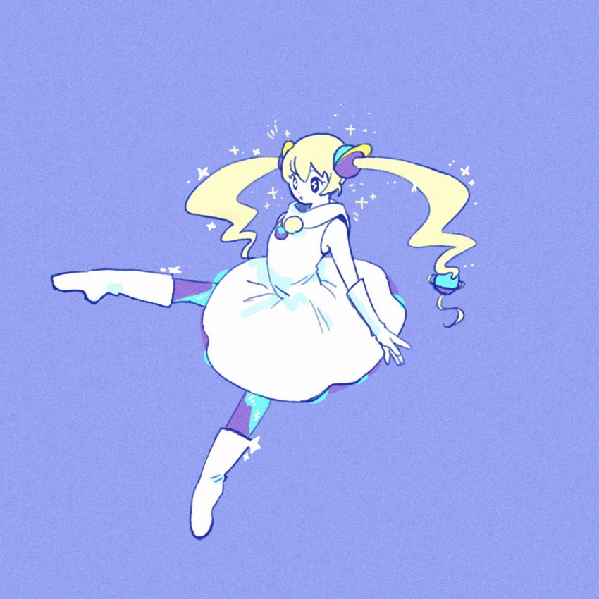1girl, akuukan_koneru, blonde_hair, blue_background, blue_eyes, boots, coneru_-dimension_girl-, dress