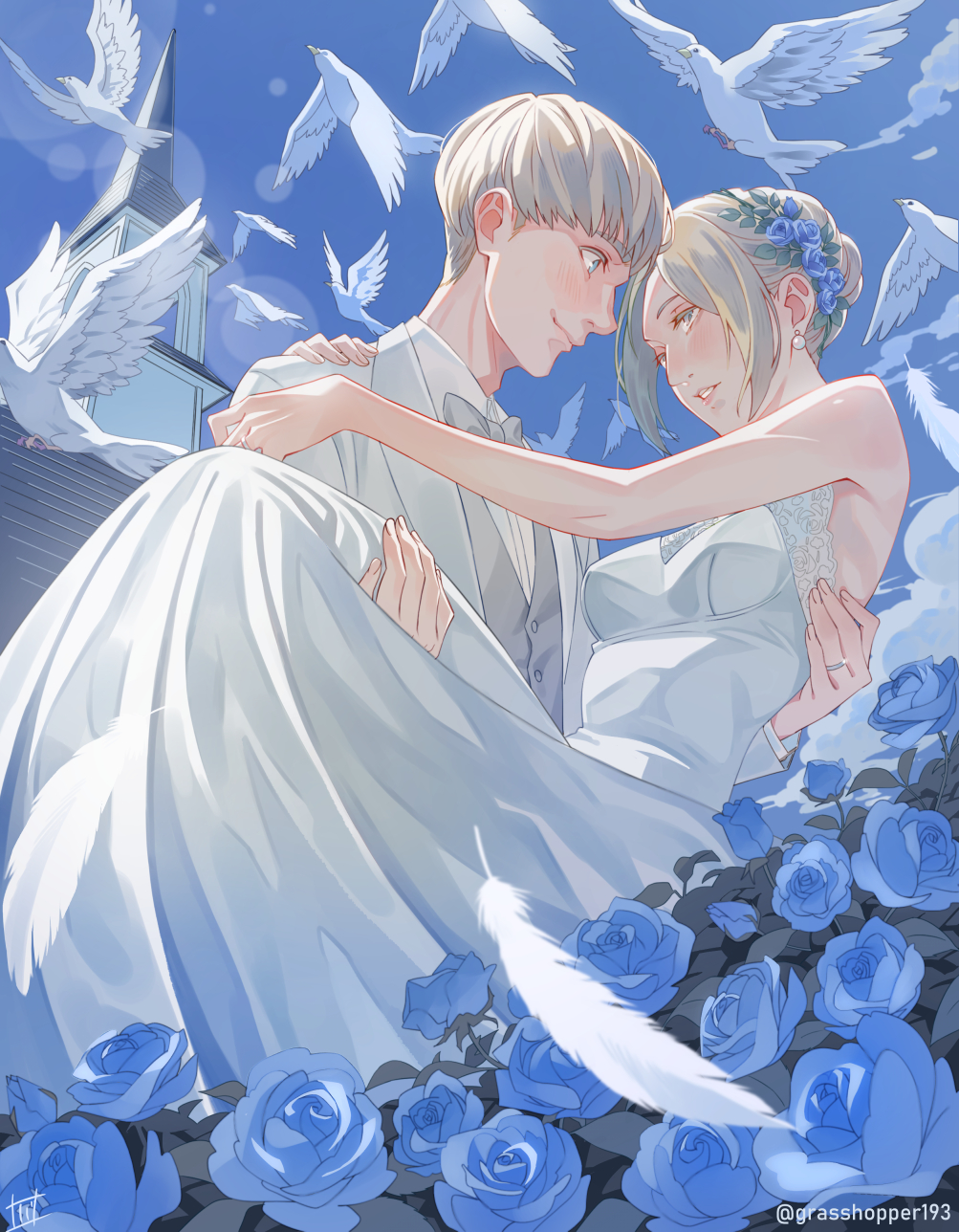 1boy, 1girl, annie_leonhart, armin_arlert, artist_name, bare_shoulders, bird, blonde_hair