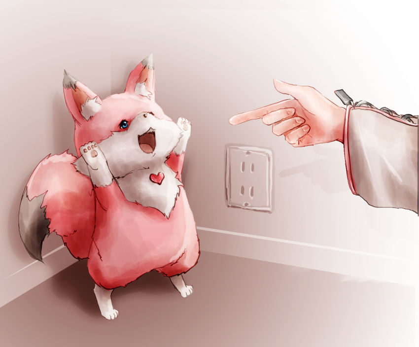 corner, coyote, creature, creature_focus, electrical_outlet, finger_gun, hakui_koyori, hakui_koyori_(1st_costume)