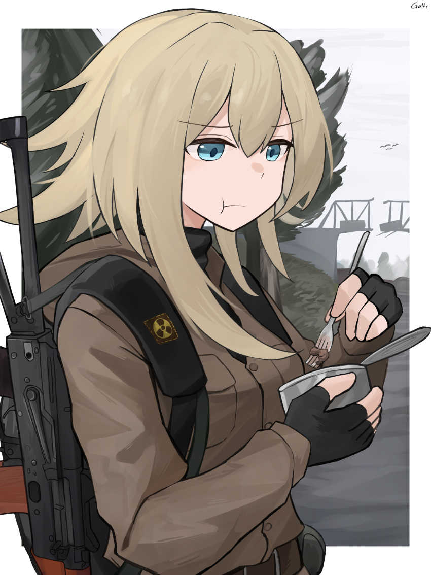 1girl, :t, absurdres, ak-74u_(girls'_frontline), aks-74u, assault_rifle, belt, bird