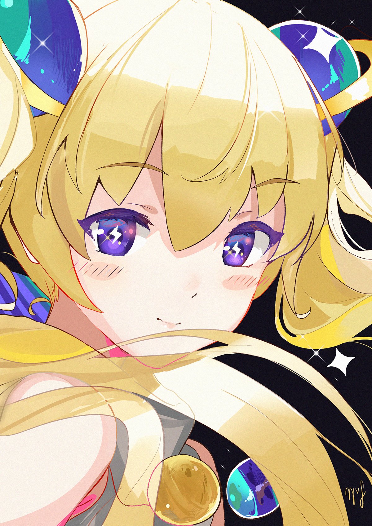 1girl, af_(milleor), akuukan_koneru, black_background, blonde_hair, closed_mouth, coneru_-dimension_girl-, hair_between_eyes