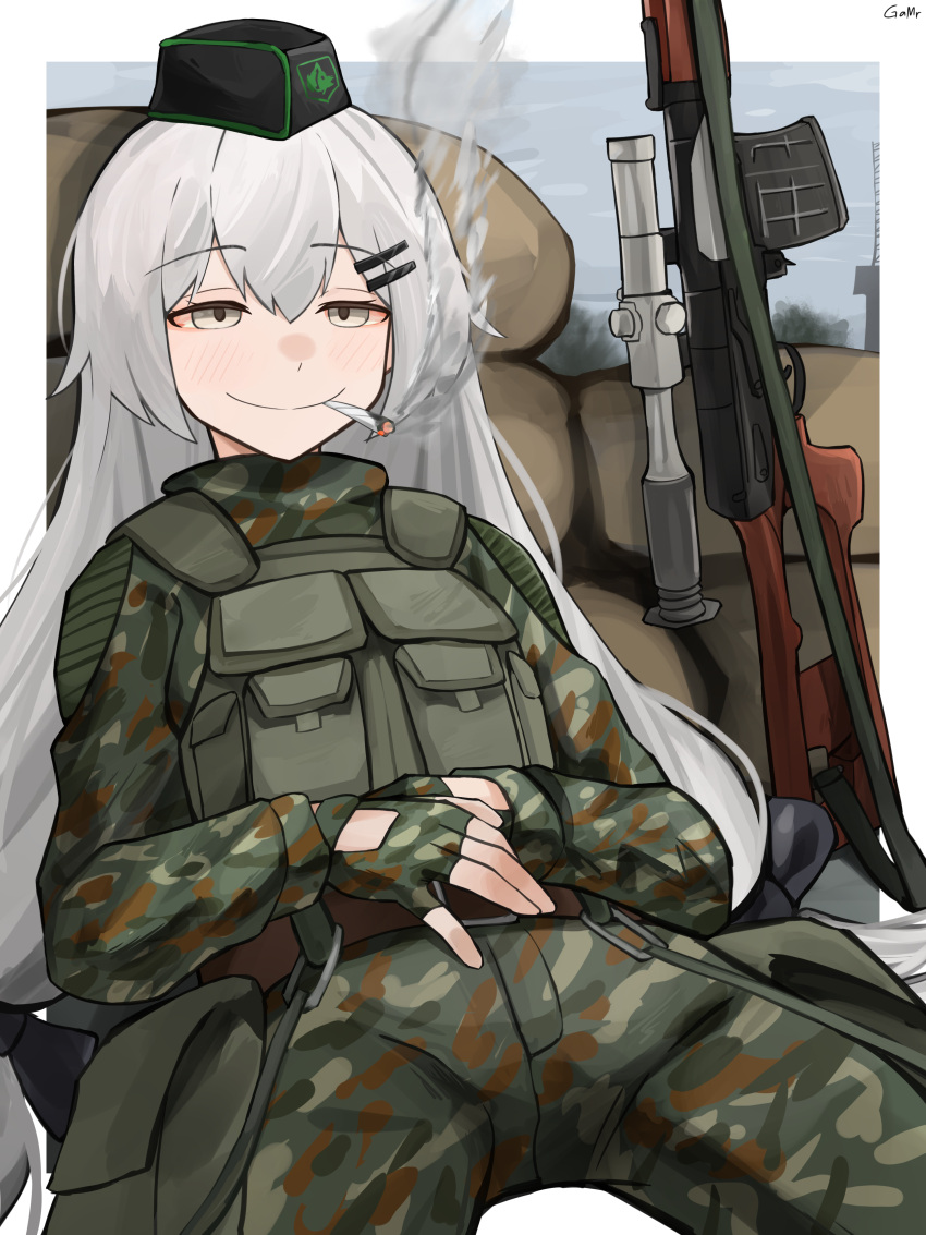 1girl, absurdres, blush, bulletproof_vest, camouflage, camouflage_gloves, camouflage_jacket, camouflage_pants