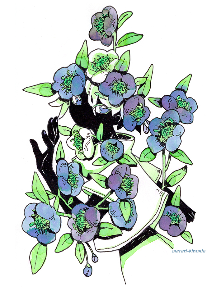 1other, androgynous, artist_name, black_skin, blue_eyes, blue_flower, blue_nails, colored_eyelashes, colored_skin, flower, green_flower, hand_up, hellebore, ink_(medium), leaf, limited_palette, looking_at_viewer, maruti_bitamin, no_mouth, original, painting_(medium), purple_flower, shirt, simple_background, traditional_media, watercolor_(medium), white_background, white_flower, white_shirt