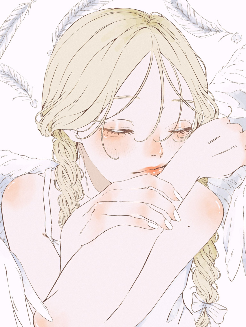 1girl, angel_wings, blonde_hair, blush, bow, braid, closed_eyes, closed_mouth, collarbone, commentary, feathers, fingernails, hair_between_eyes, hair_bow, hand_blush, highres, long_eyelashes, long_hair, mole, mole_on_arm, mole_on_cheek, nail_polish, nose_blush, nostrils, original, red_lips, shim_46, shiny_lips, solo, symbol-only_commentary, tank_top, twin_braids, upper_body, white_background, white_bow, white_nails, wings
