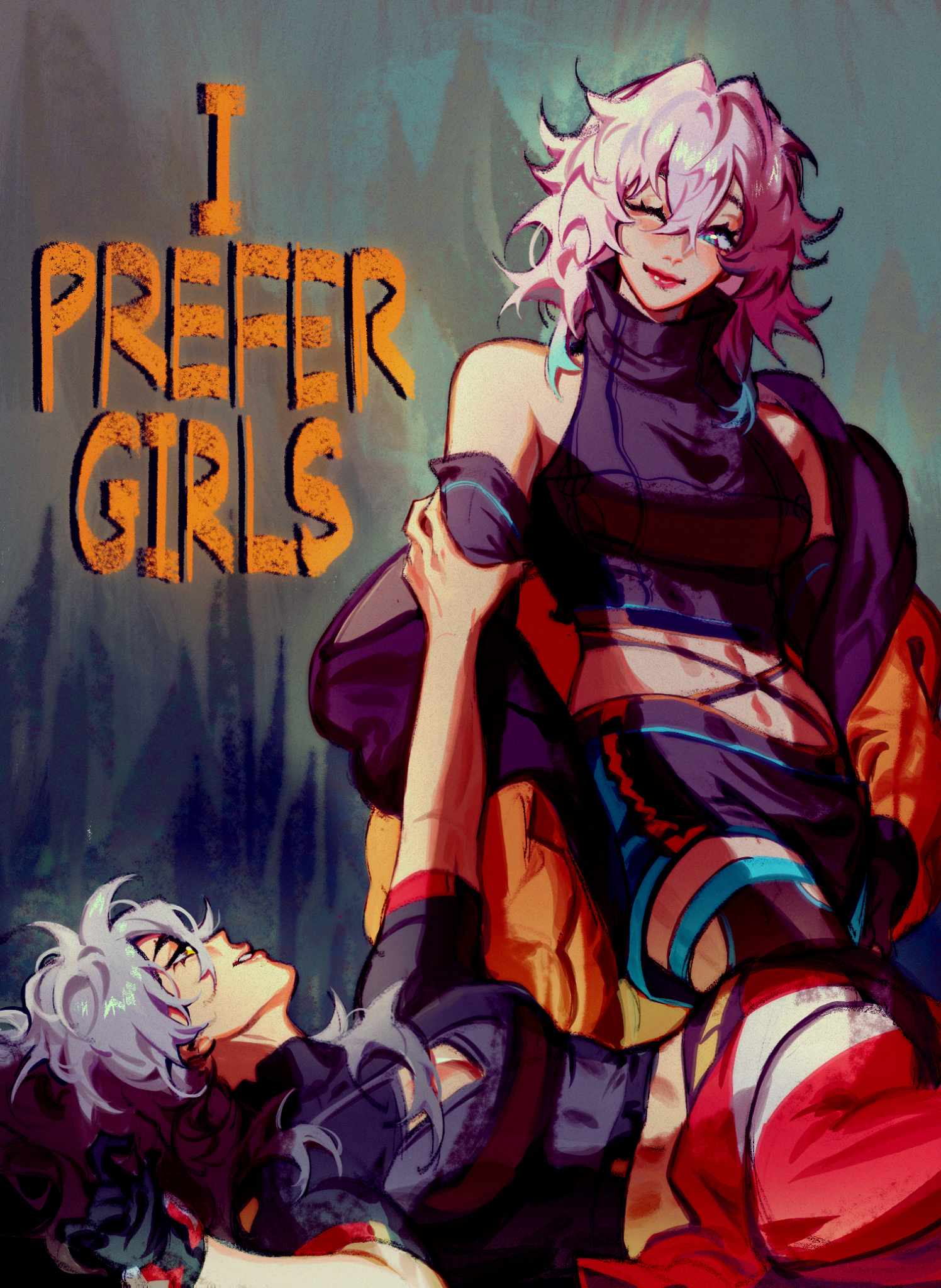 2girls, arm_grab, arm_up, breasts, closed_mouth, commentary, english_commentary, english_text