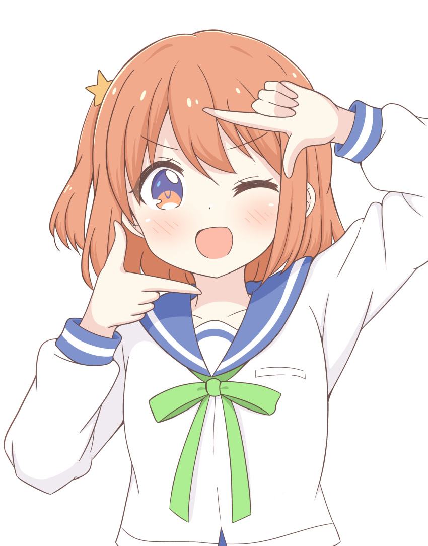 1girl, absurdres, blue_eyes, blush, bow, collarbone, finger_frame, green_bow