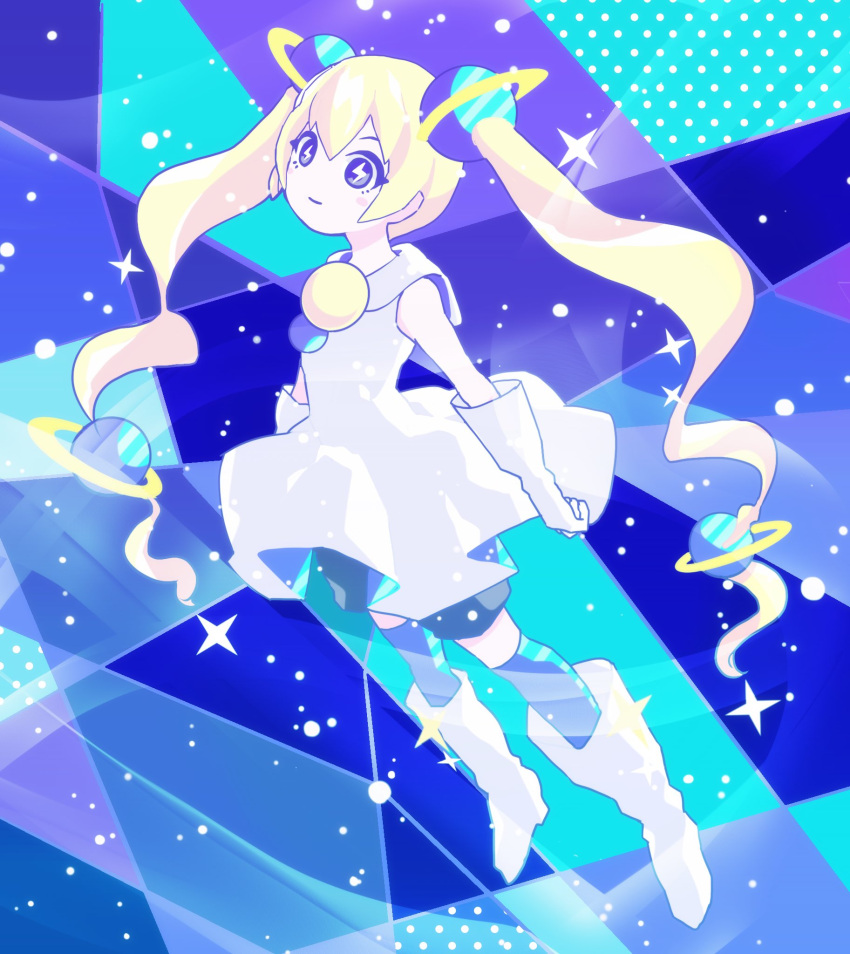 1girl, akuukan_koneru, blonde_hair, blue_background, blue_eyes, blue_thighhighs, boots, commentary_request