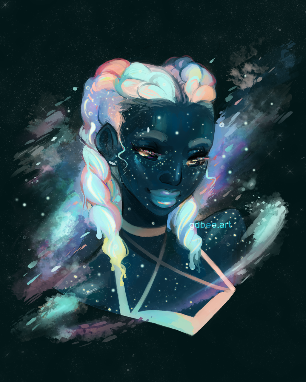 1girl, aqua_hair, black_background, blue_hair, blue_lips, blue_shirt, blue_skin, braid