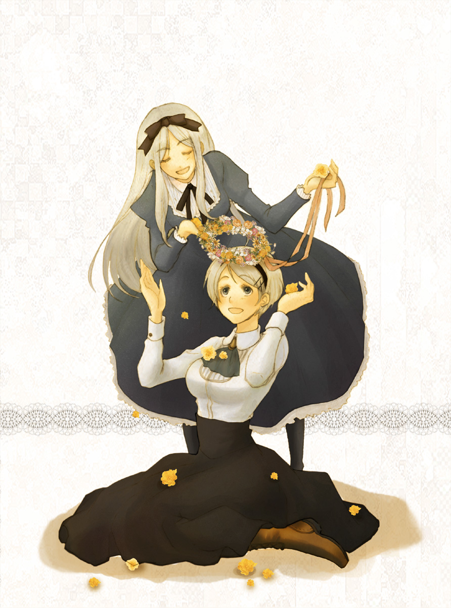 2girls, axis_powers_hetalia, belarus_(hetalia), blue_eyes, blush, boots, closed_eyes, dress