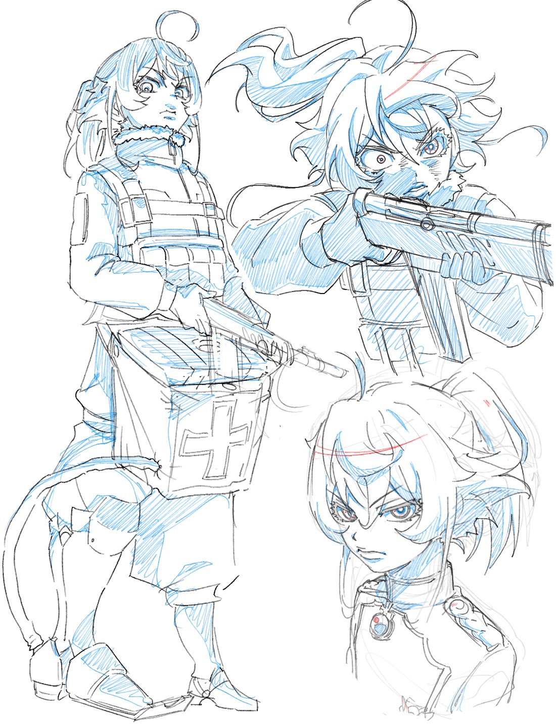 1girl, ahoge, boots, chest_rig, collared_jacket, cross, epaulettes, firing