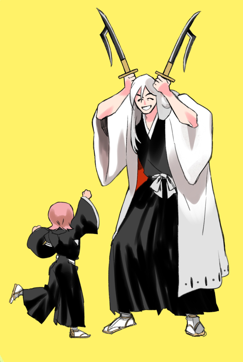 1boy, 1girl, :d, ^_^, absurdres, arm_up, black_kimono, bleach