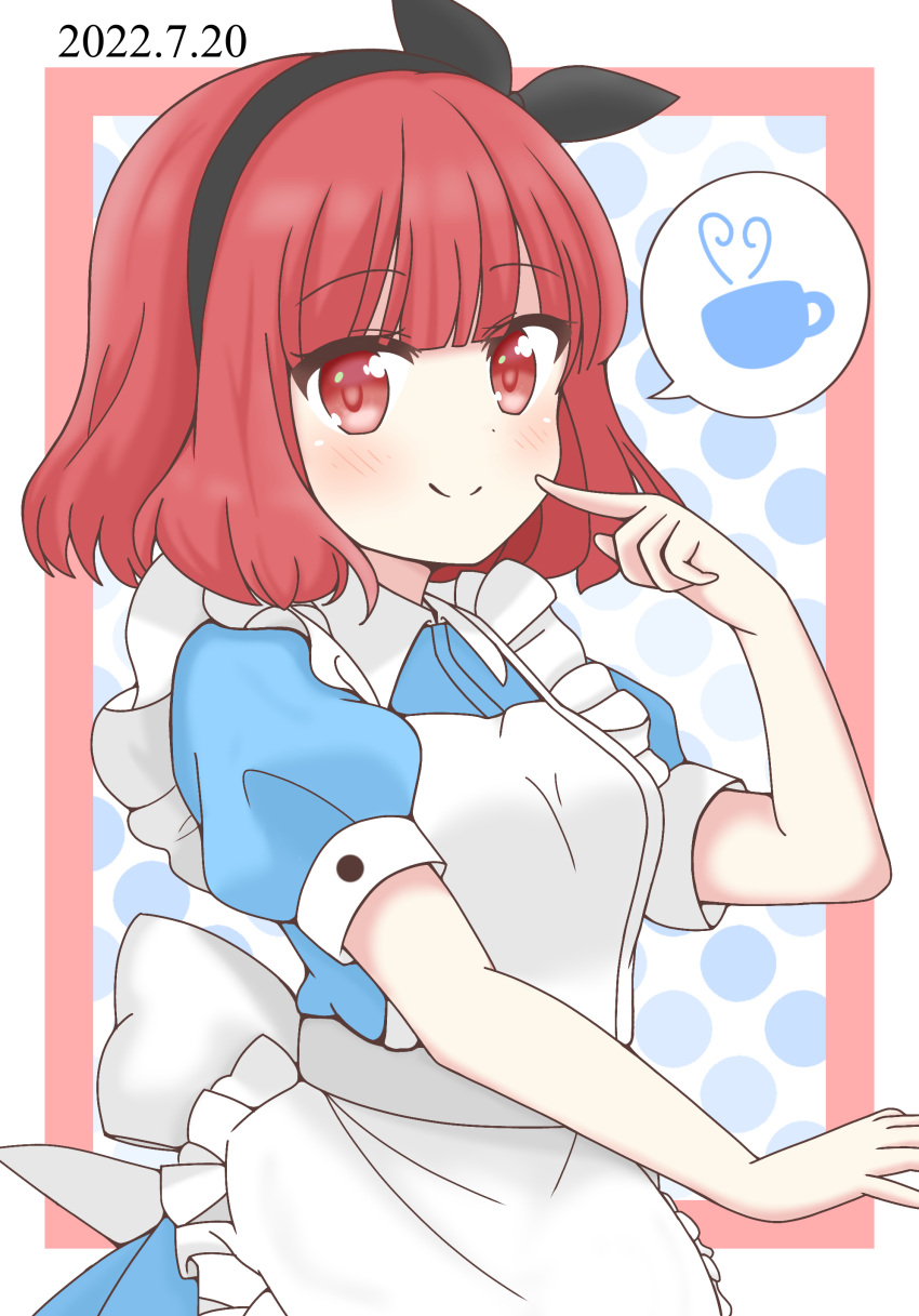 1girl, absurdres, apron, blue_background, blue_dress, blush, bow, bow_hairband