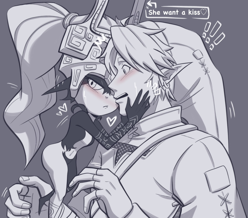 !, !!, armor, averting_eyes, chainmail, ears_down, embarrassed, english_text, face-to-face, face_grab, floating, fused_shadows, gauntlets, greyscale, hands_on_another's_cheeks, hands_on_another's_face, heart, helmet, highres, imminent_kiss, imp, levitation, link, midna, monochrome, navel, pichichustudio, pointy_ears, pointy_hat, ponytail, profile, shy, size_difference, spot_color, surprised, the_legend_of_zelda, the_legend_of_zelda:_twilight_princess, tunic, typo