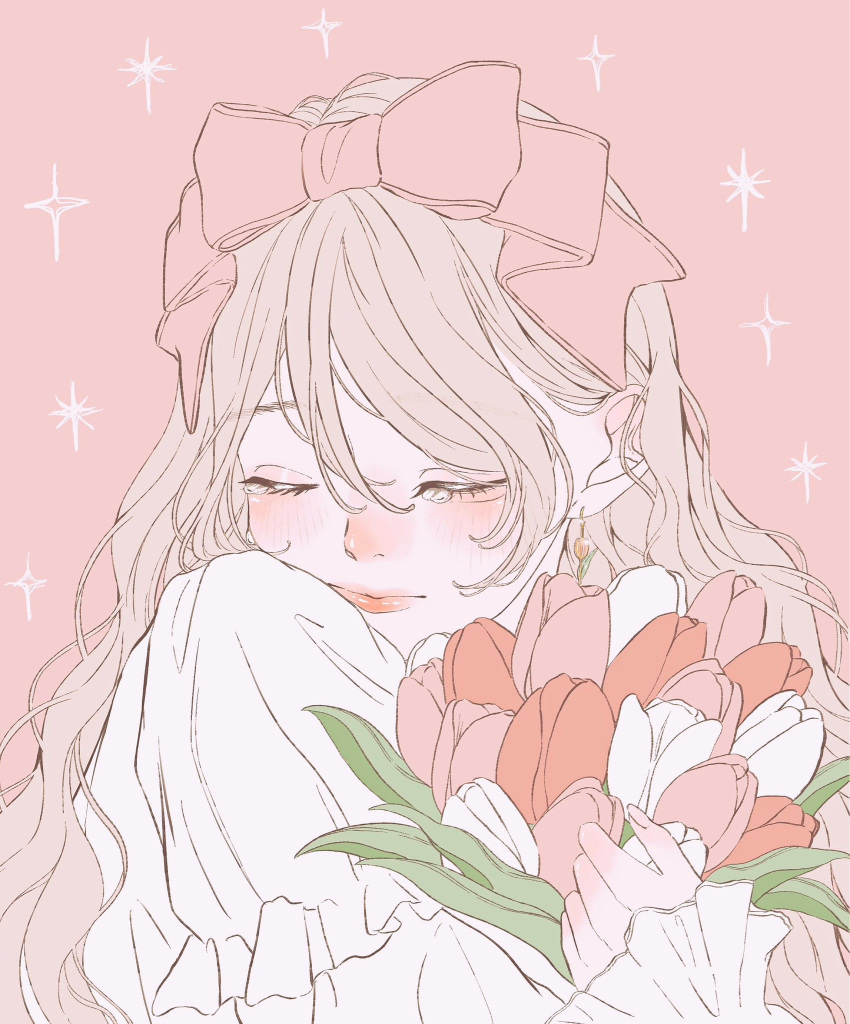 1girl, blonde_hair, blush, bouquet, bow, closed_eyes, closed_mouth, commentary