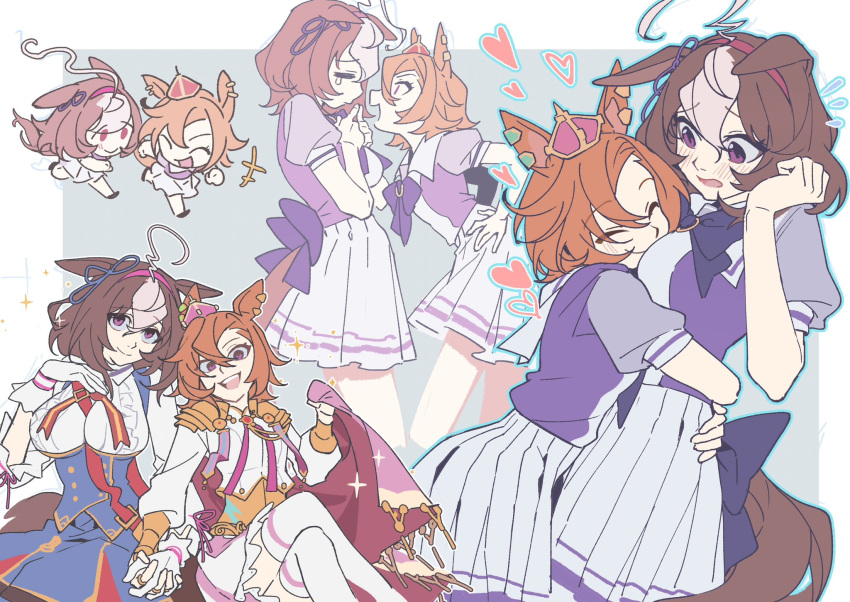 +++, 2girls, :d, =_=, ahoge, animal_ears, armor, between_breasts