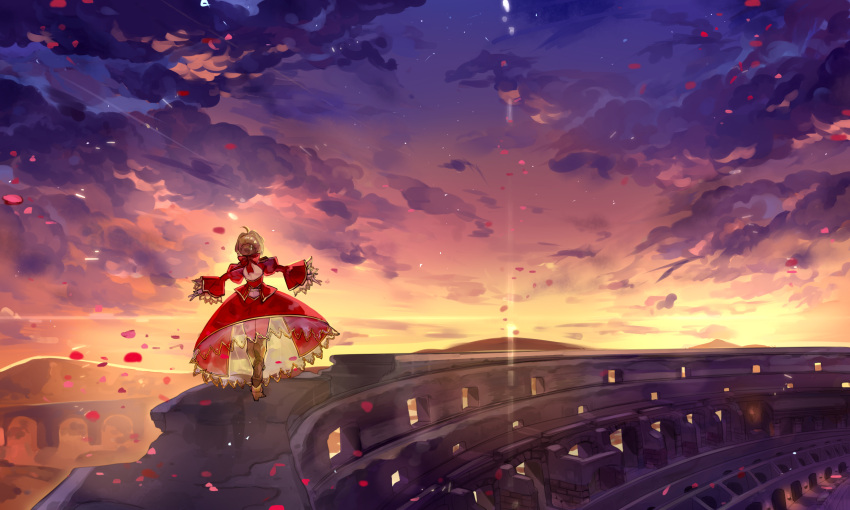 1girl, ahoge, armored_boots, blonde_hair, blue_sky, boots, bow, brown_hair