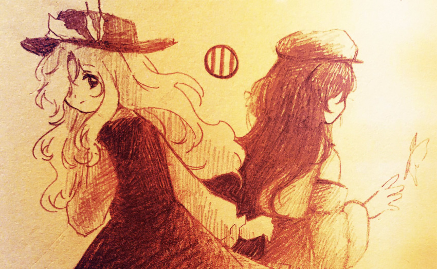 2girls, bug, butterfly, cabbie_hat, collared_shirt, detached_sleeves, dolls_in_pseudo_paradise, dress