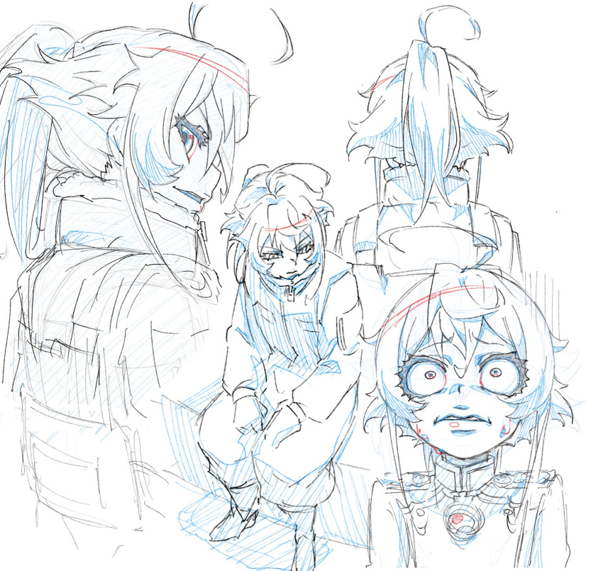 1girl, antenna_hair, black_footwear, chest_rig, collared_jacket, collared_shirt, epaulettes, expressionless