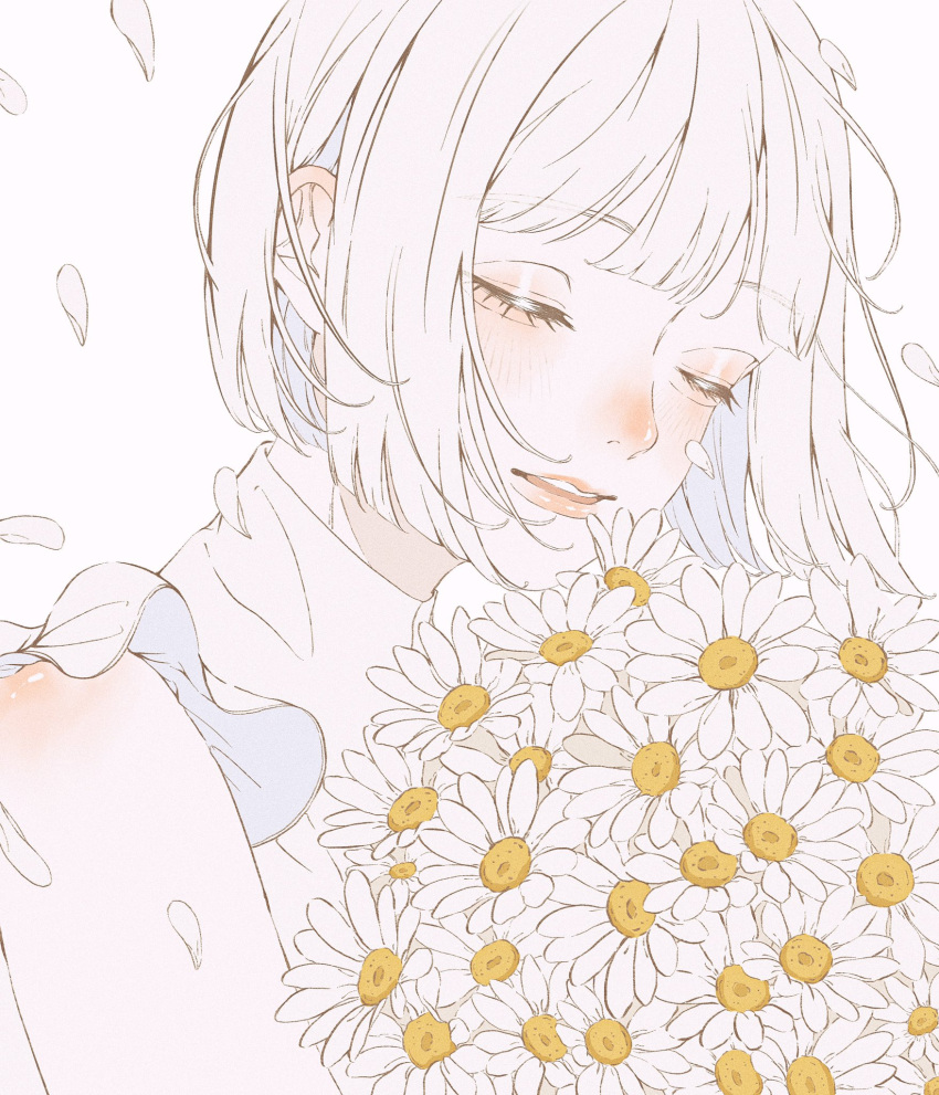 1girl, blunt_bangs, blush, bouquet, closed_eyes, commentary, facing_to_the_side, falling_petals