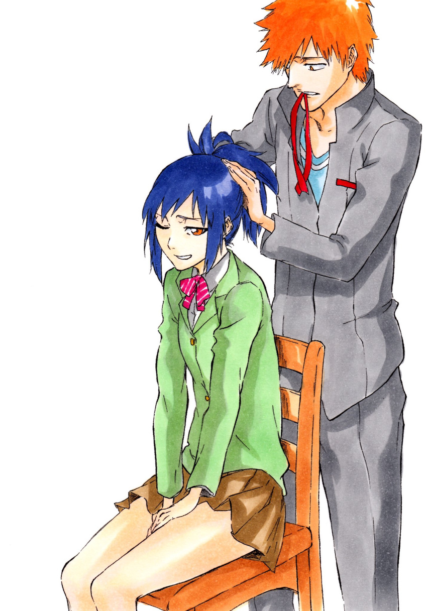1boy, 1girl, bleach, bleach:_memories_of_nobody, blue_hair, brown_eyes, brown_skirt, collared_shirt
