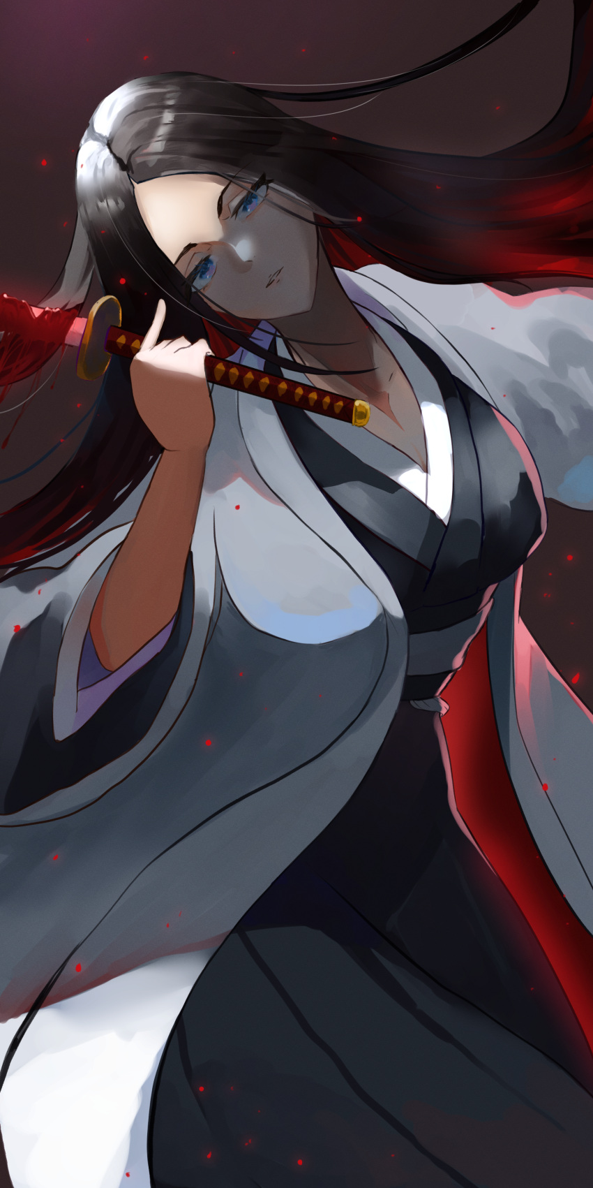 1girl, absurdres, bankai, black_hair, black_kimono, bleach, bleach:_sennen_kessen-hen, blood_drop