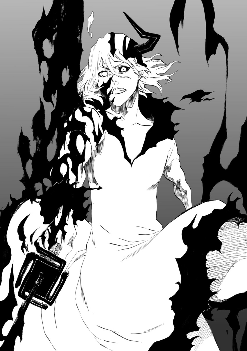 1boy, angry, arm_at_side, aura, black_sclera, bleach, clenched_teeth, collarbone