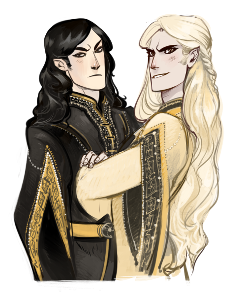 2boys, black_eyes, black_hair, black_robe, black_trim, blonde_hair, brothers, brown_eyes