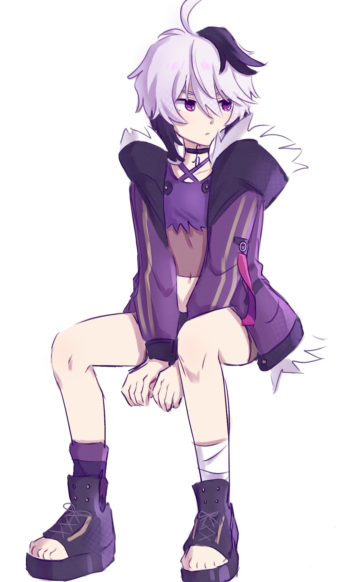 1girl, ahoge, androgynous, bandaged_leg, bandages, black_hair, crop_top, english_commentary