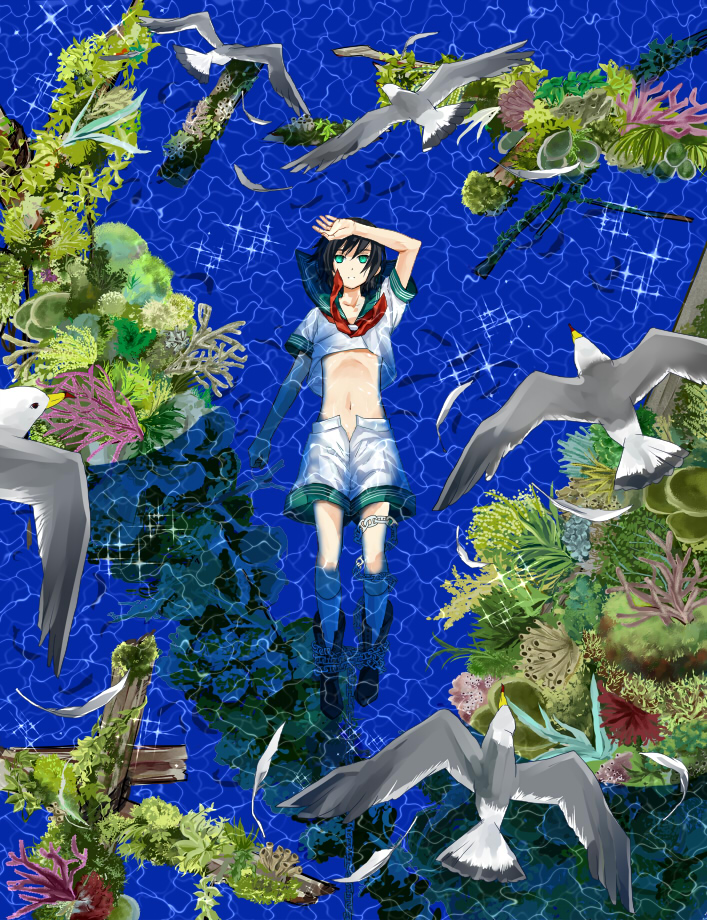 bird, chain, chained, feathers, hat, lying, midriff, moketto